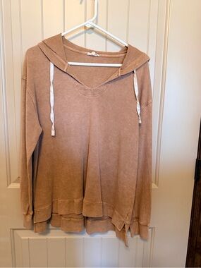 Jane and Delancey Tan V-Neck Hooded Pullover with Drawstrings